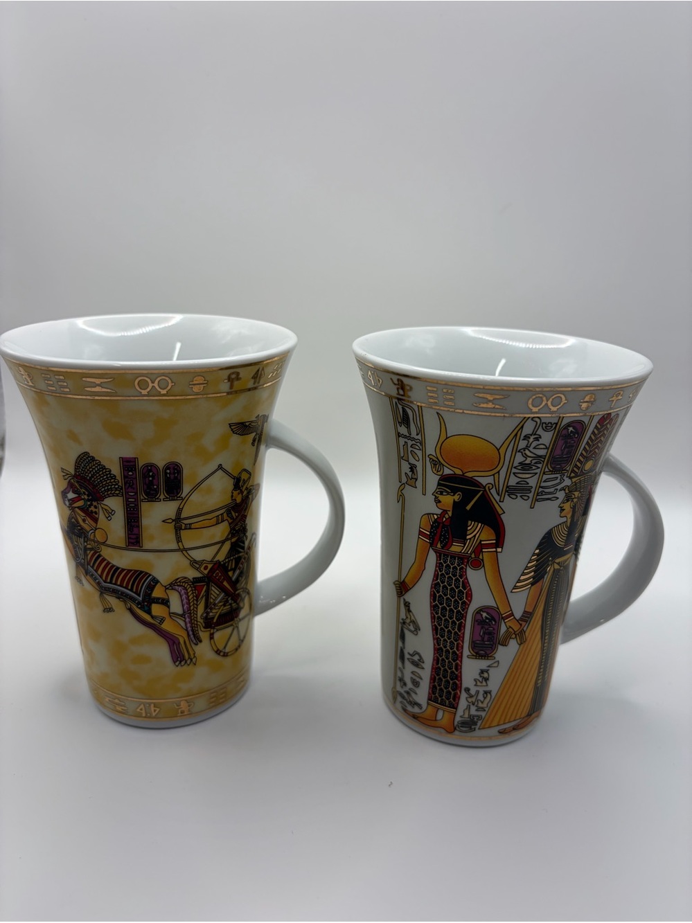 Pair Vintage Sarina Japan Egyptian Revival Mugs Gold Trim Chariot & Goddesses 8”